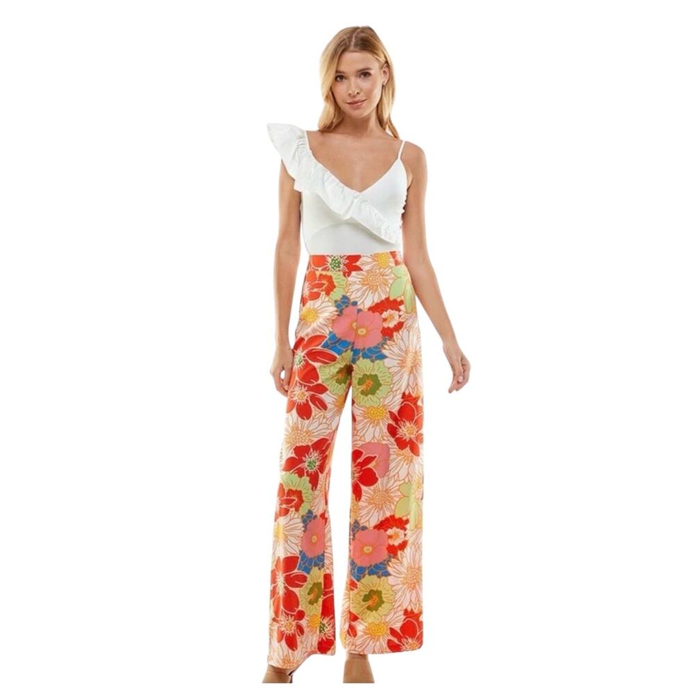 TCEC Women’s bright floral wide leg pants Size large